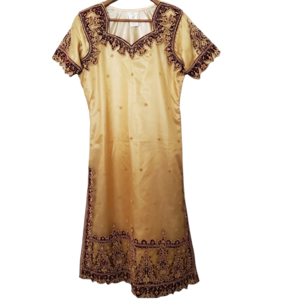 MARKAZ E HASEEN Boutique Gold Maroon Dress Intricate Bead Details City Mode CM